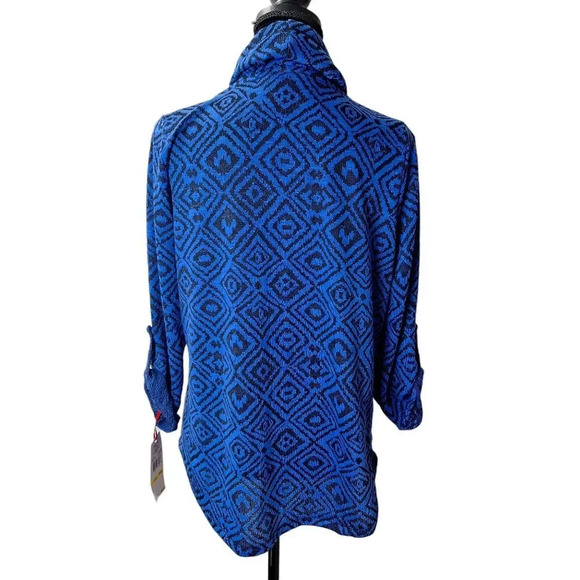 Ruby Rd Petite Med Blue Black Drawstring Cowl Neck Roll-Tab Sweater Top Pocket - Picture 3 of 9